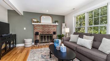 TV, fireplace, music library