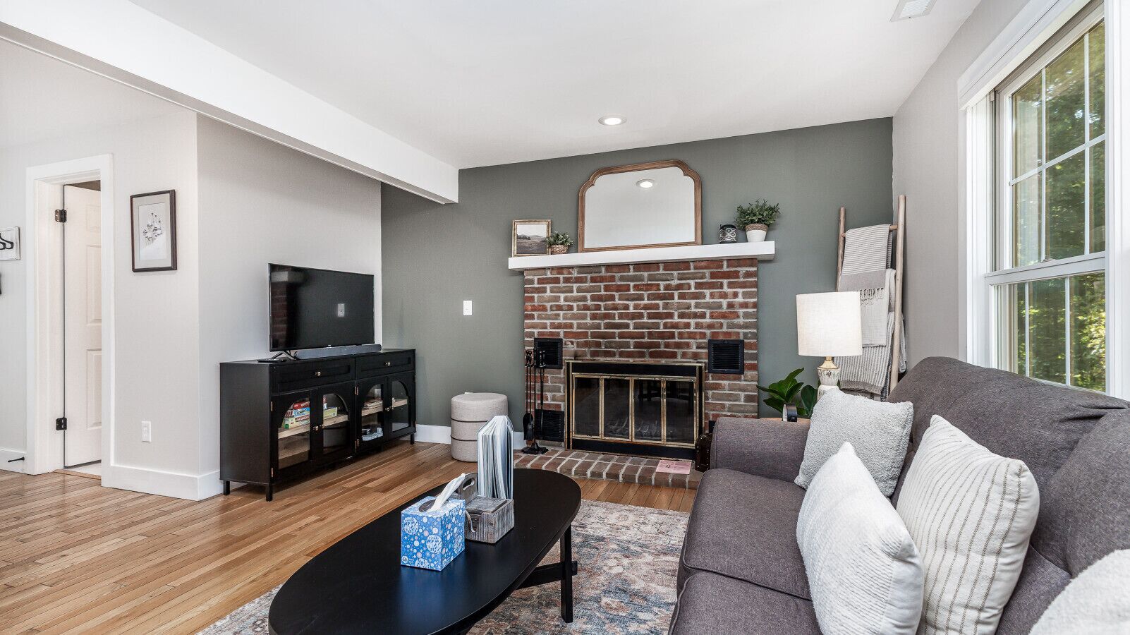 TV, fireplace, music library