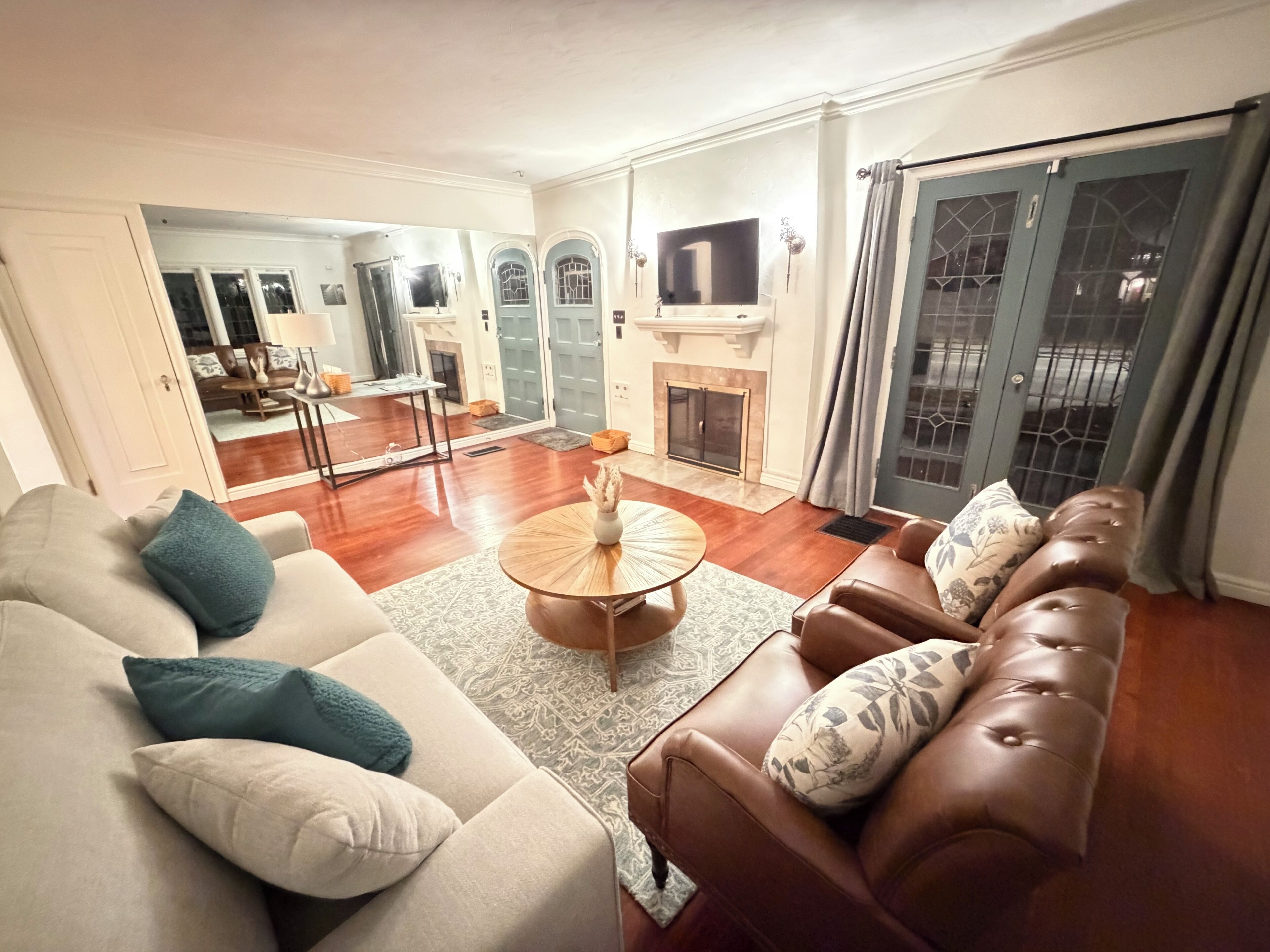 Smart TV, fireplace, books