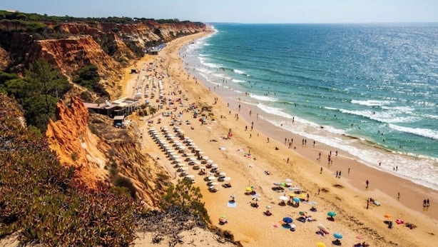 A beach with rows of sunbeds and umbrellas, a clear sky, and a coastline with cliffs. - Palm White Apartment, Vilamoura, Algarve (Quarteira)