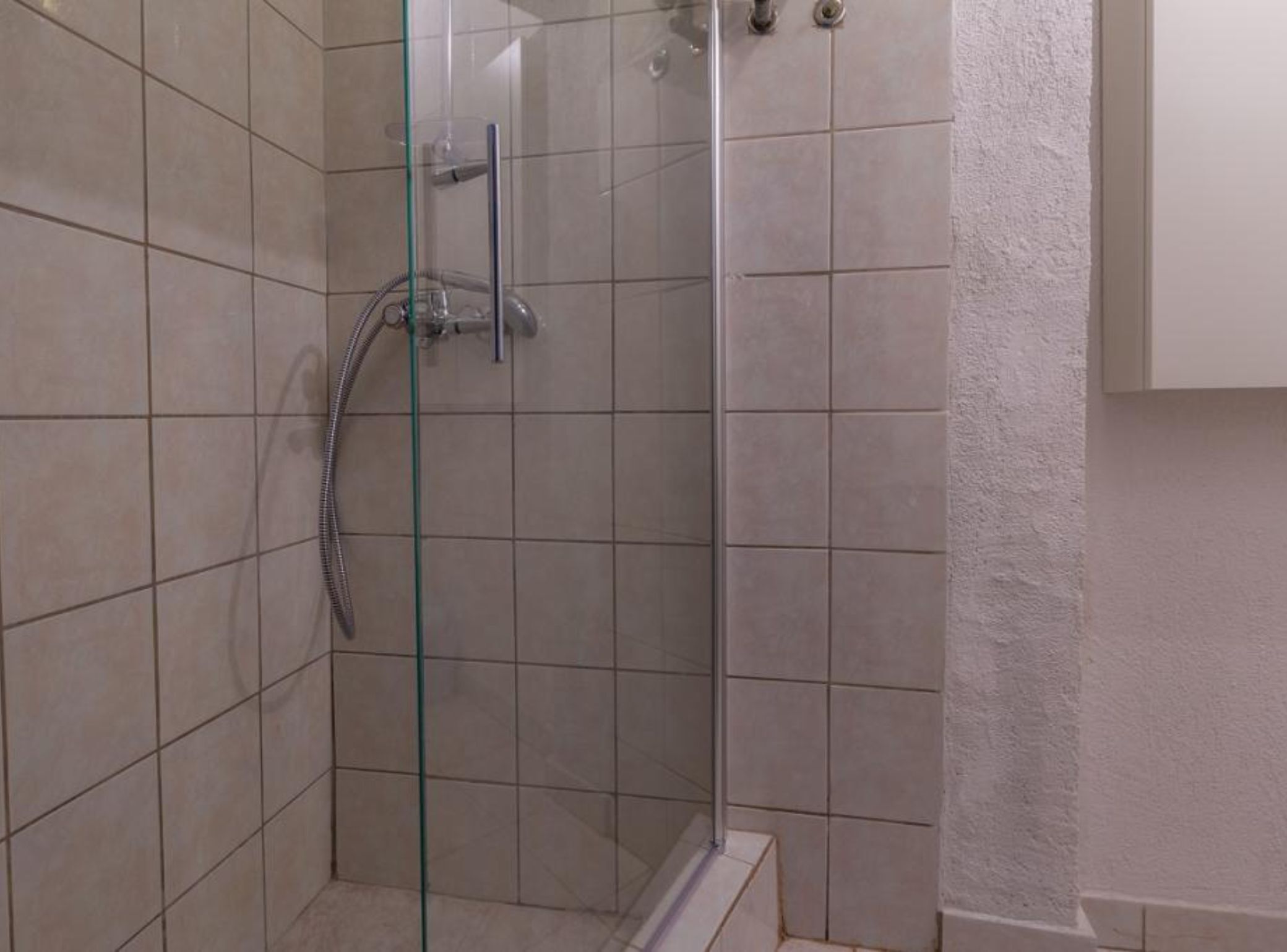A glass-enclosed shower stall with tiled walls and a white door.