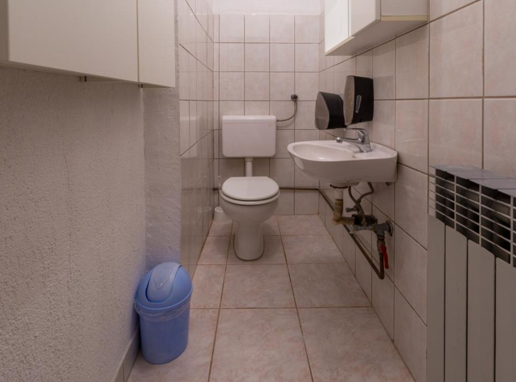 A small bathroom with a toilet, sink, and a trash bin.