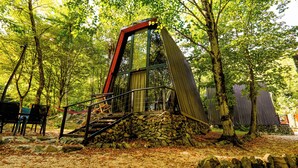 A rustic wooden structure with a glass enclosure, surrounded by trees and a stone wall. - Eco village in the forest (Lagodekhi)