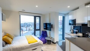 Una camera da letto moderna con un letto, una finestra, una televisione e un angolo cottura.
