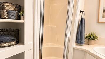 Hair dryer, towels, soap, shampoo