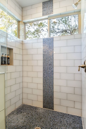 Shower, hair dryer, towels, soap