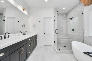Shower, eco-friendly toiletries, hair dryer, bidet