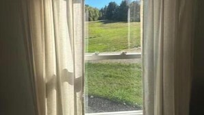 Een raam met dunne gordijnen, uitzicht op een groen veld en een heldere lucht.