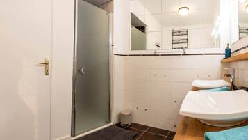 A bathroom with a glass shower door, a sink, and a mirror.
