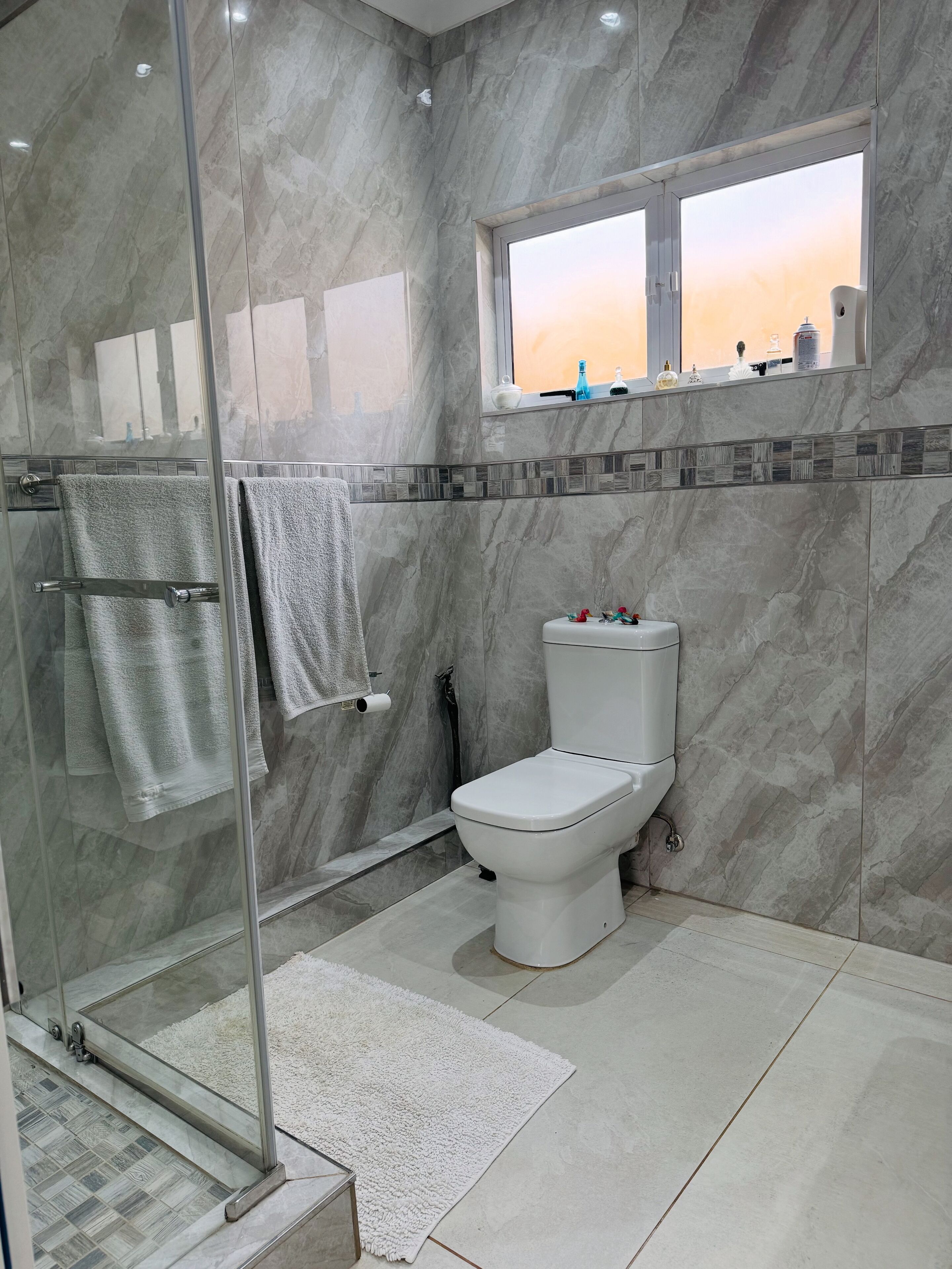 Shower, towels, soap, toilet paper
