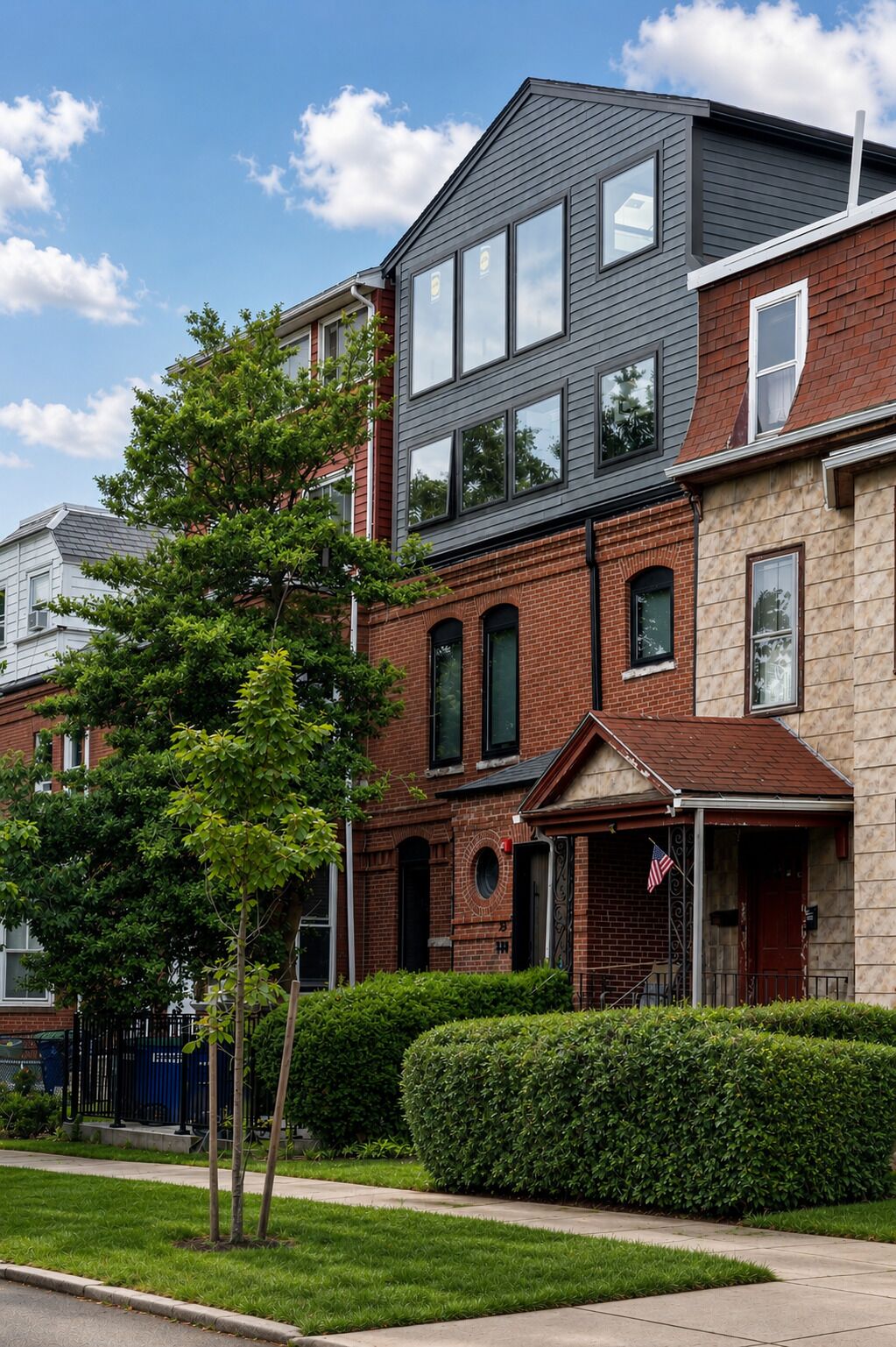 En flervåningsbyggnad med bostäder, vars fasad består av en kombination av tegel och träpanel, en veranda med en amerikansk flagga och en välskött gräsmatta.
