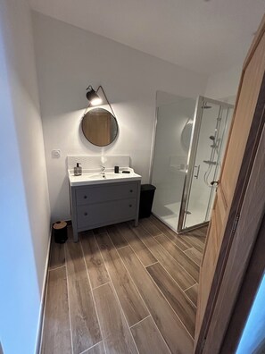 Estudio Confort | Baño | Ducha, cabezal de ducha tipo lluvia, secador de pelo y toallas