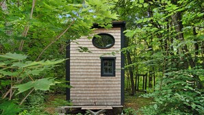 A small wooden cabin with a circular window and a smaller window, surrounded by dense greenery.