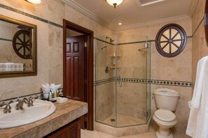 Shower, jetted bath, hair dryer, towels