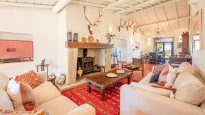 A cozy living room with a fireplace, sofas, and antlers on the wall. - Authentic Alentejo Farmhouse (Arraiolos)