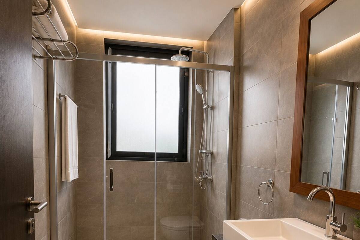 A modern bathroom with a glass-enclosed shower, a toilet, and a sink with a mirror above it.