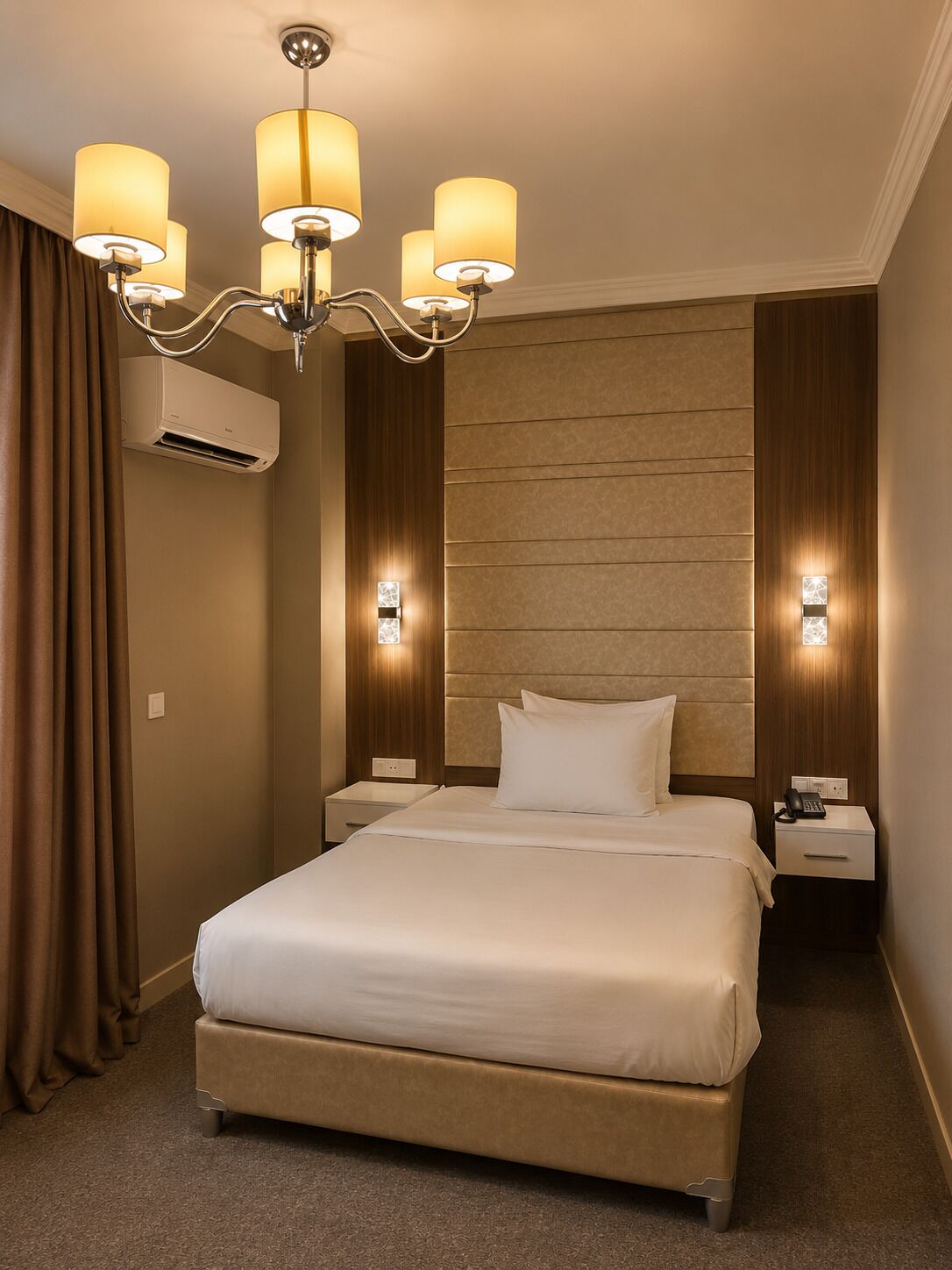 A hotel room with a large bed, a chandelier, wall-mounted lights, an air conditioning unit, and a telephone on the nightstand.