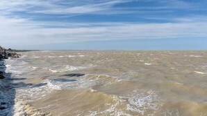 Una spiaggia con mare agitato e cielo sereno.