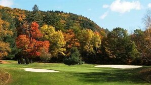 Ein Golfplatz mit blauem Himmel, Bäumen im Herbstlaub und einem gepflegten Rasen.