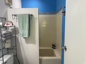 Dusche, Haartrockner, Handtücher, Seife