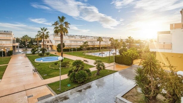 A courtyard with a swimming pool, palm trees, and a fountain.