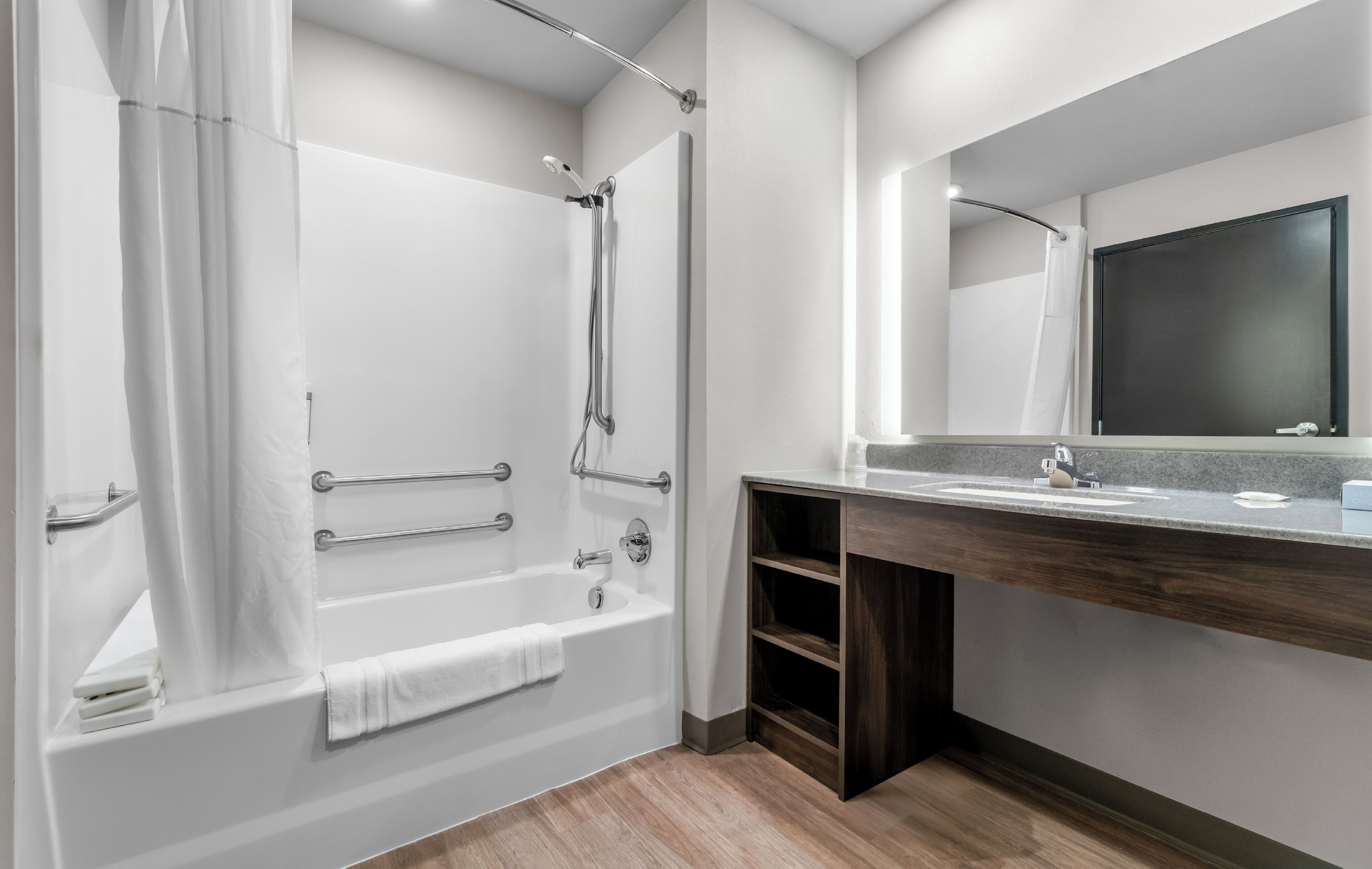 Hair dryer, towels, soap, shampoo