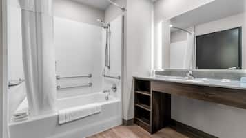 Hair dryer, towels, soap, shampoo