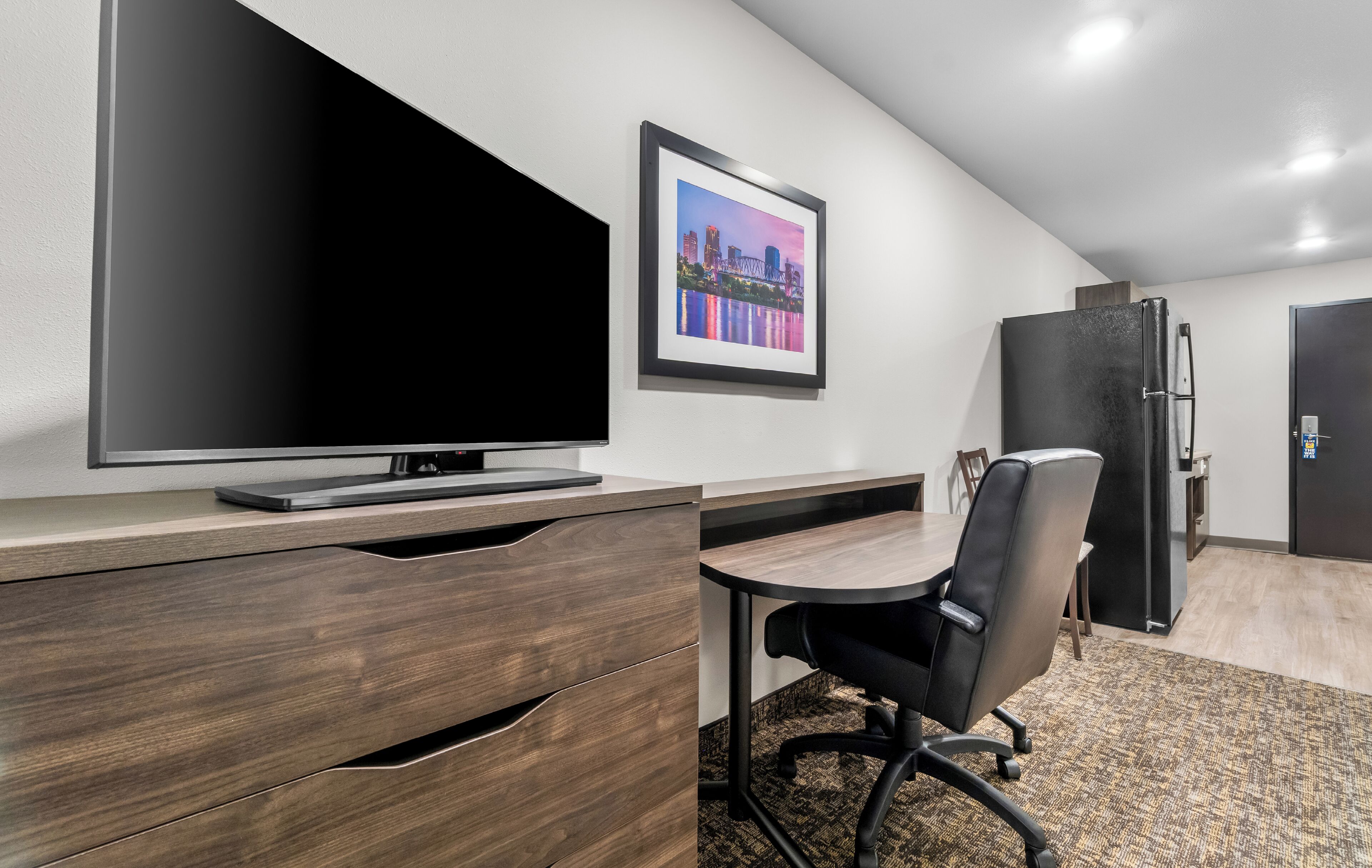 Desk, laptop workspace, blackout curtains, iron/ironing board