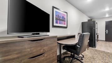 Desk, laptop workspace, blackout curtains, iron/ironing board