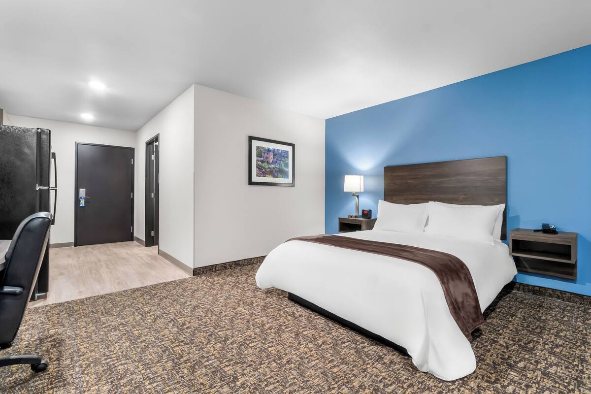 Habitación de hotel con cama, escritorio, silla, mesita de noche, lámpara y un cuadro en la pared.