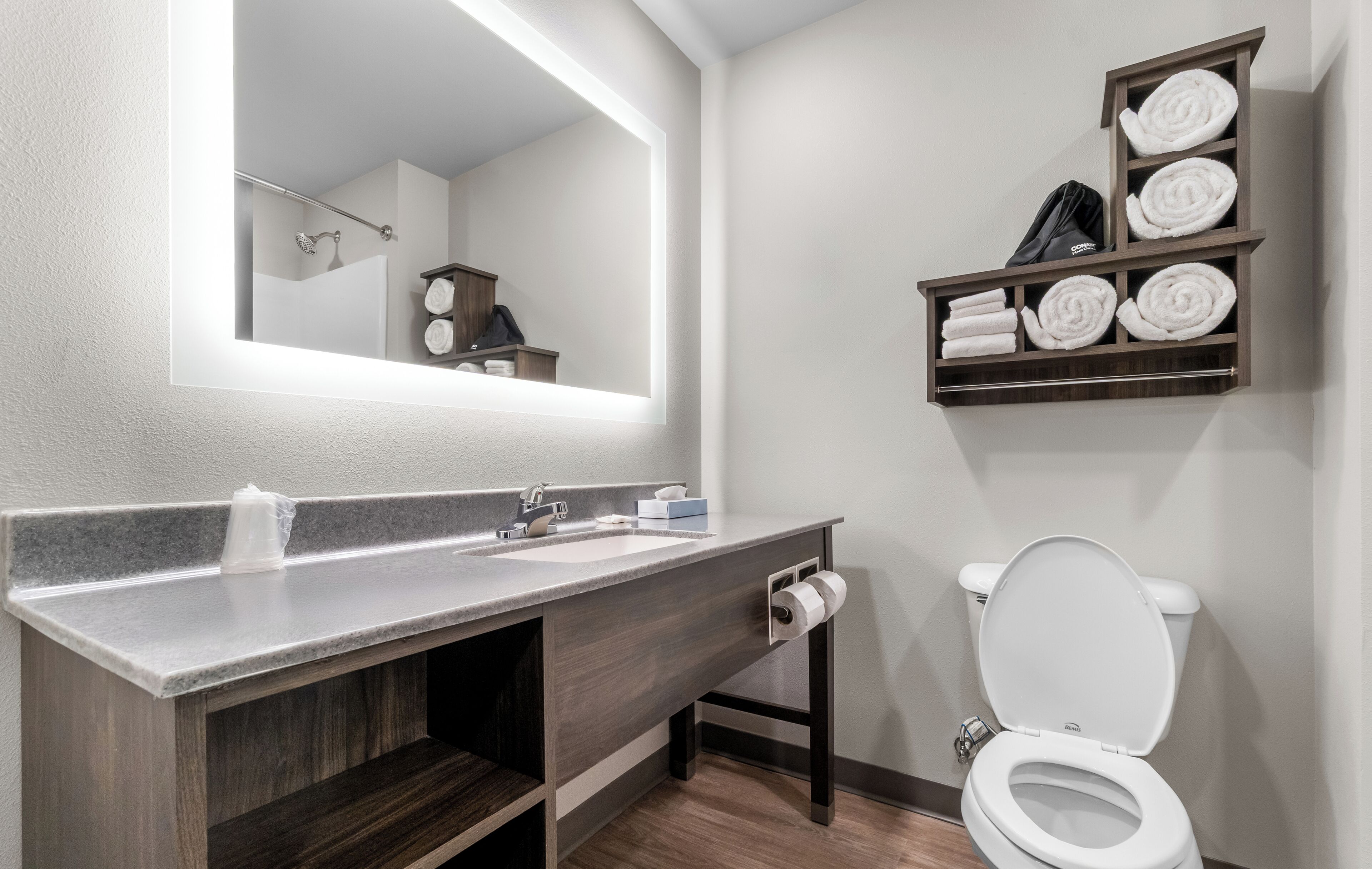 Hair dryer, towels, soap, shampoo