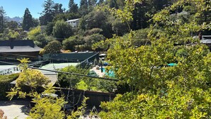 Ein Wohngebiet in Mill Valley, Kalifornien, mit Schwimmbad, Tennisplätzen und üppiger Vegetation.