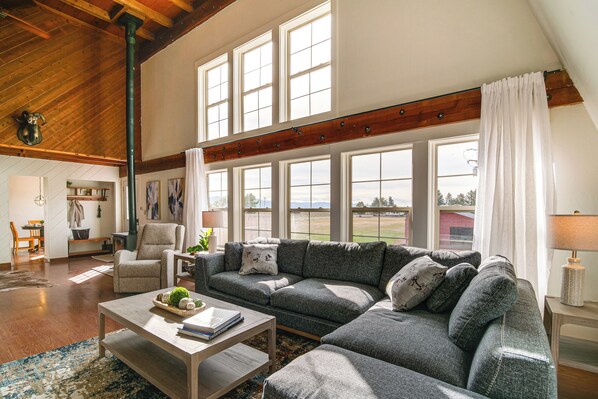 TV, fireplace, books, stereo