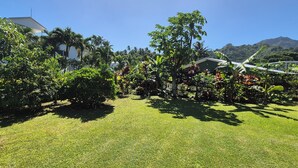 Un jardin bien entretenu, agrémenté de diverses plantes tropicales, et offrant une vue dégagée sur une montagne en arrière-plan.