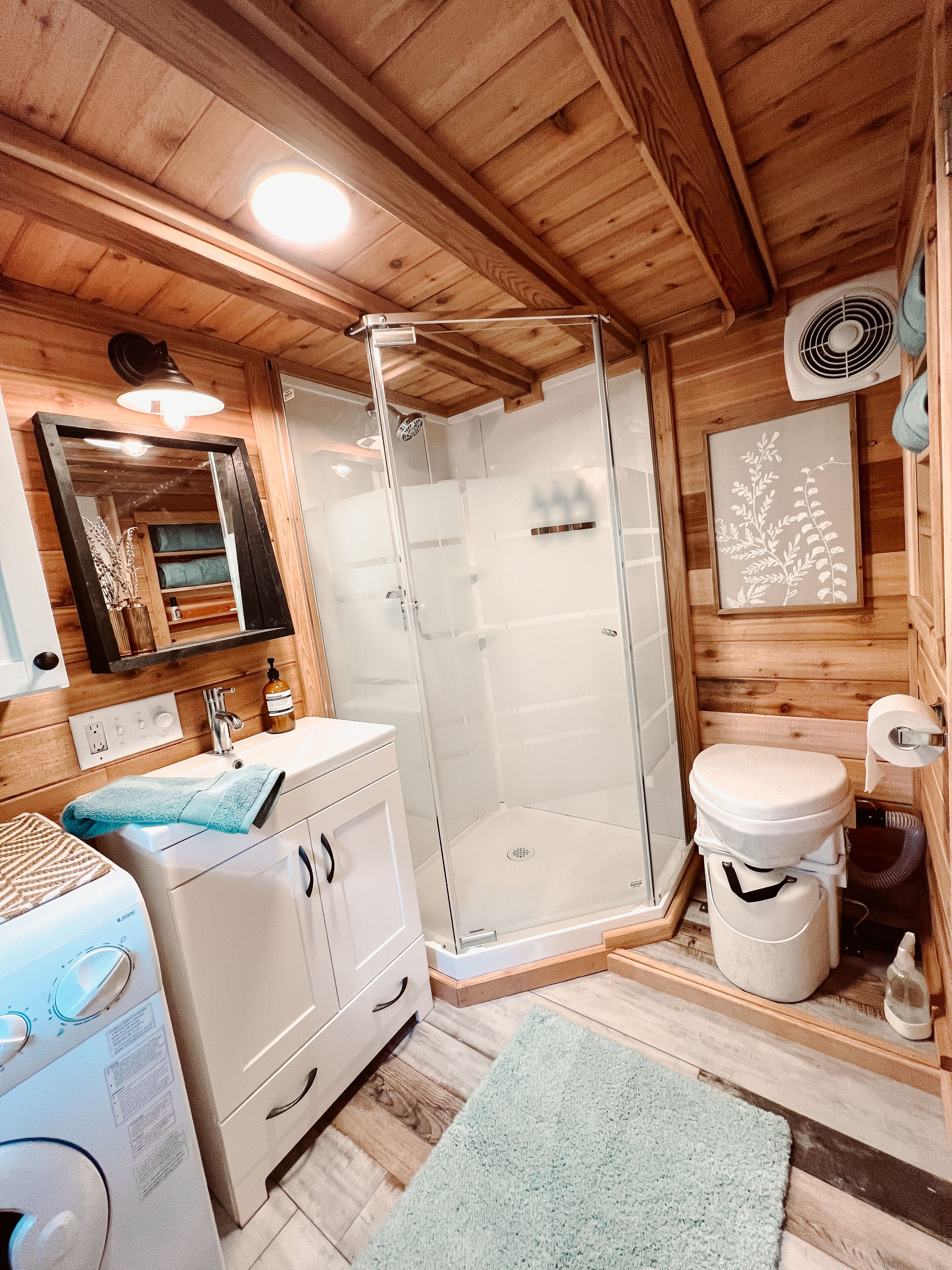 Shower, towels, soap, shampoo