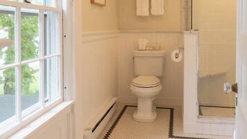 A bathroom with a toilet, a shower, and a window.