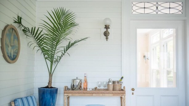 A room with a wicker chair, a large potted plant, a small table with a blue glass bowl, and a white door with a window. - Margin Street Inn (Westerly)