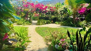 A garden pathway leading to a gate, surrounded by lush greenery and flowering plants.