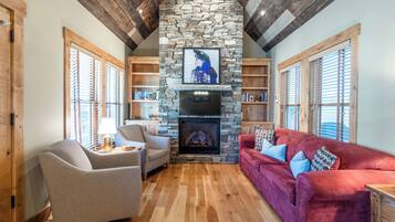 Smart TV, fireplace, books