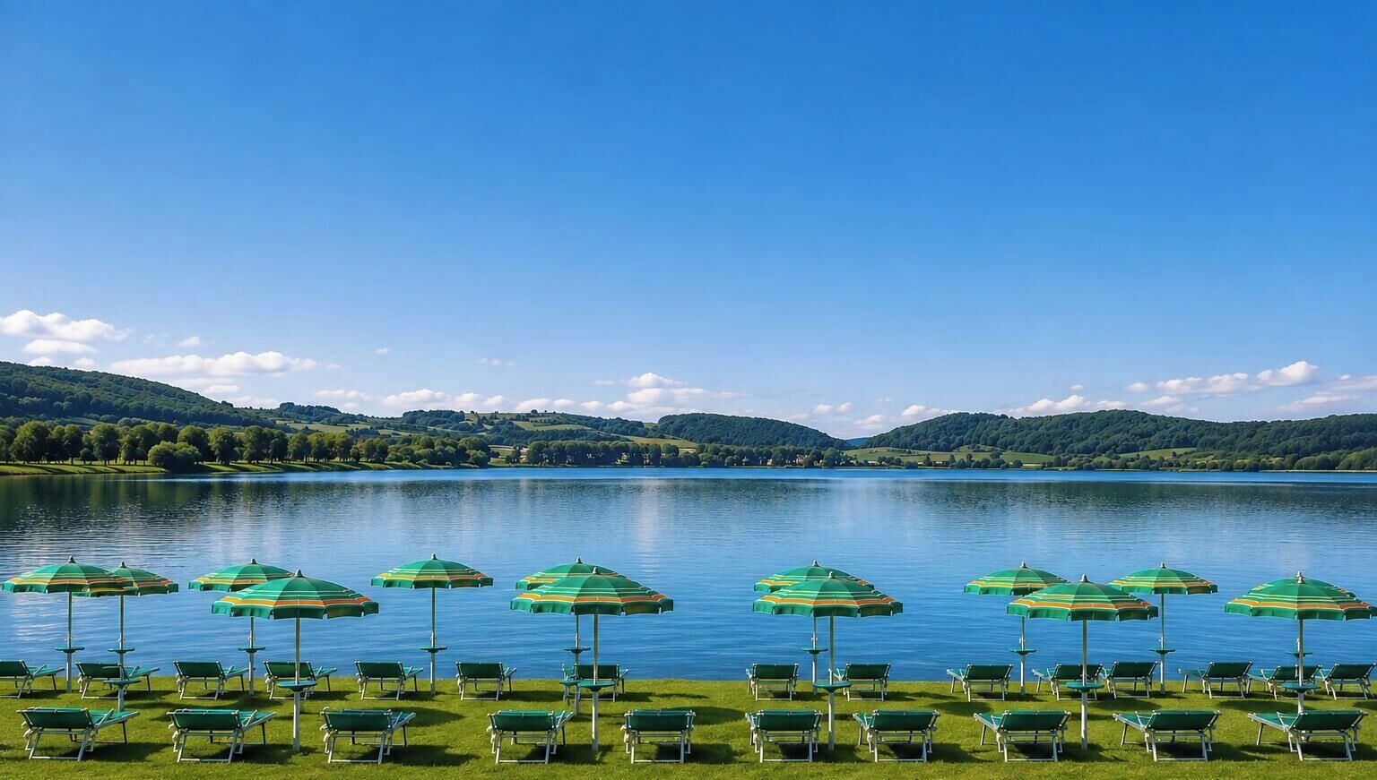 Vista para o lago com fileiras de cadeiras de grama verde e guarda-sóis listrados.