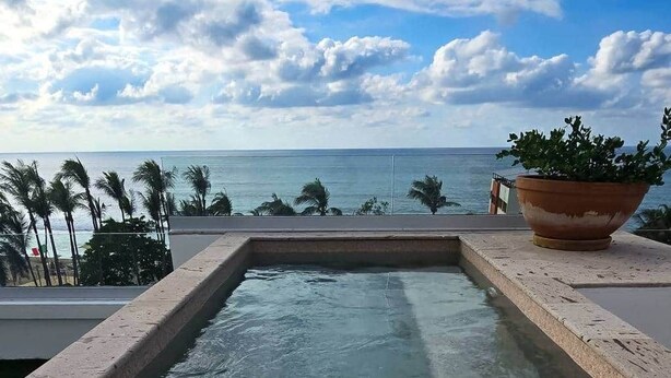 A rectangular pool with clear water, surrounded by a stone deck, with a view of the ocean and palm trees in the background. - La Esquina - Solana Penthouse Suite (San Francisco)