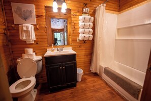Hair dryer, towels, soap, toilet paper