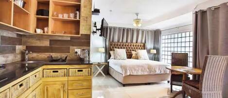 1 habitación, tabla de planchar con plancha y ropa de cama