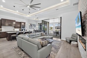 Smart TV, fireplace, table tennis, books