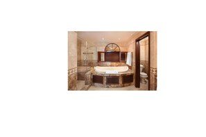 Shower, jetted bath, hair dryer, towels