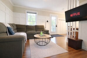 Smart TV, fireplace, books
