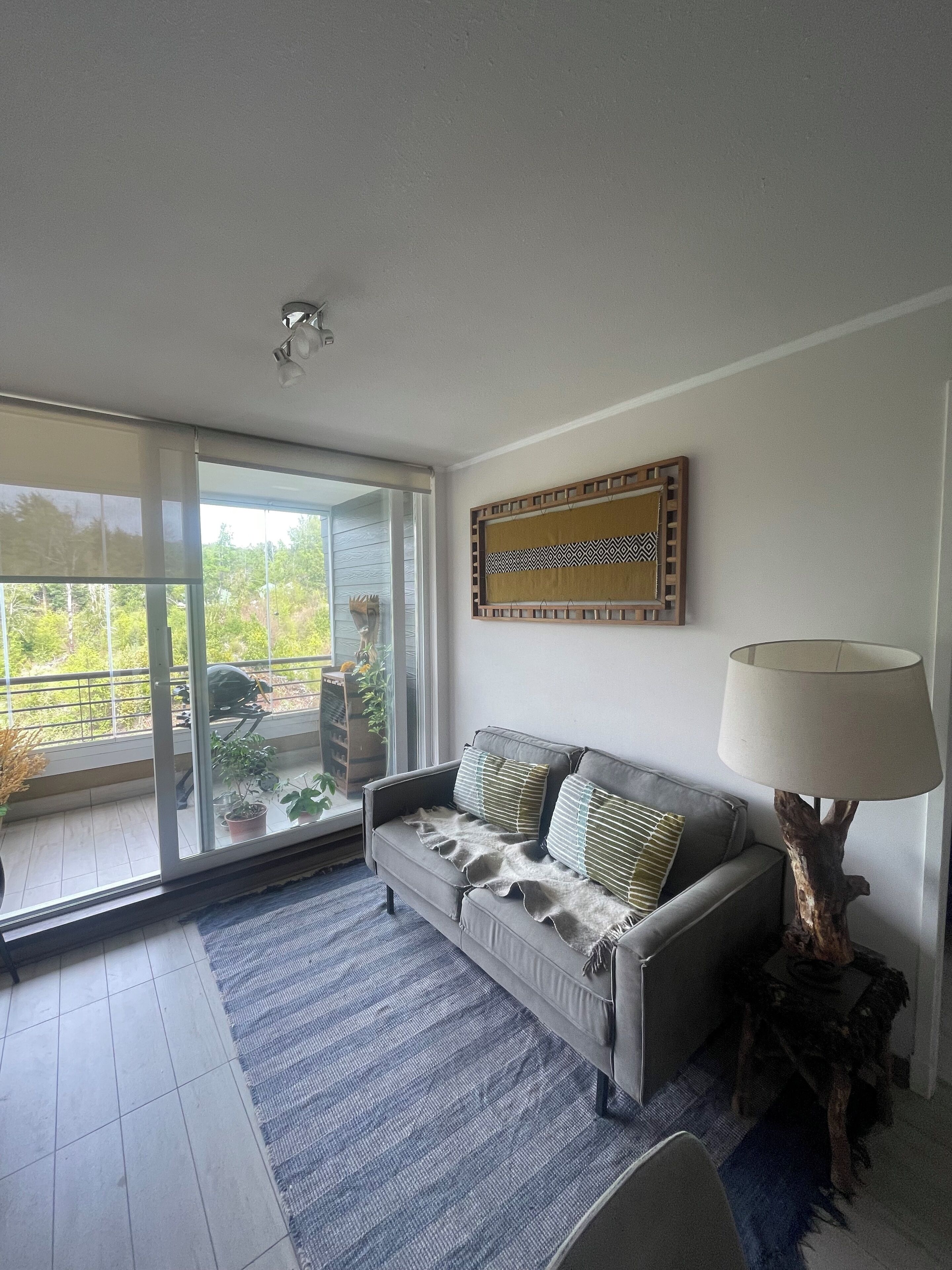 A living room with a grey sofa, a patterned throw, a lamp, and a view through a glass door to a balcony with plants.
