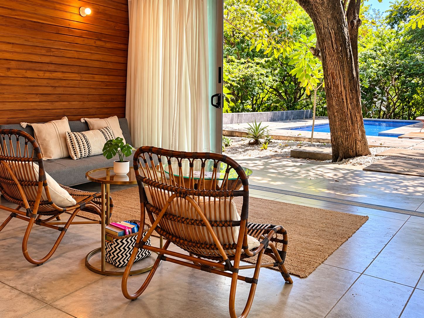 Una habitación con sofá, dos sillones de mimbre, una mesita con planta y vistas a una piscina y árboles.