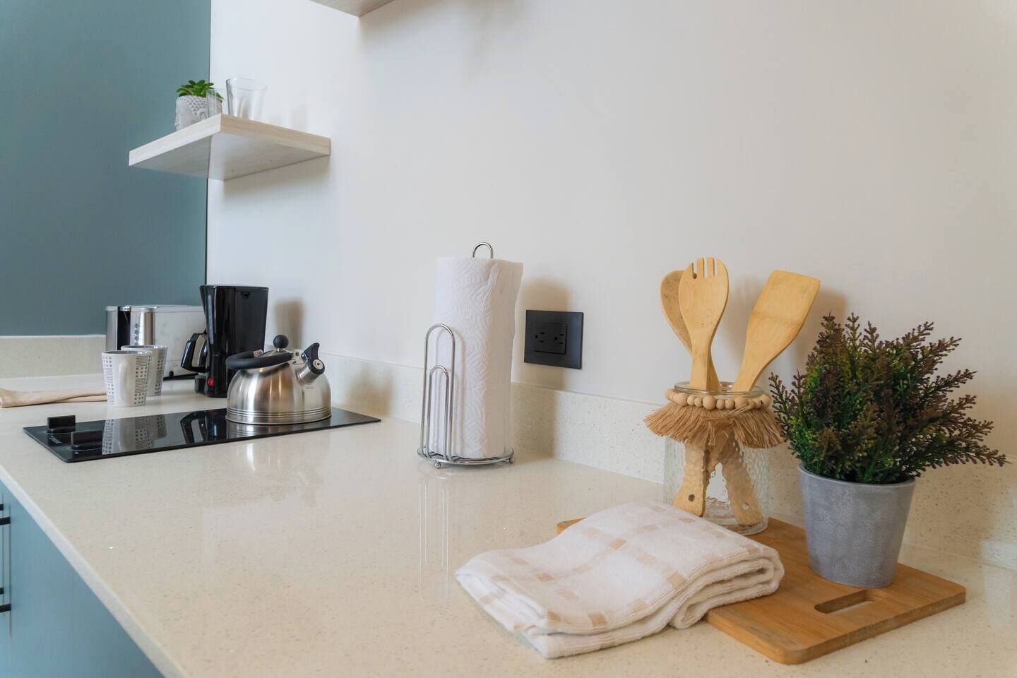 A modern kitchen with a stainless steel kettle, a coffee maker, a towel dispenser, wooden utensils, and a potted plant.