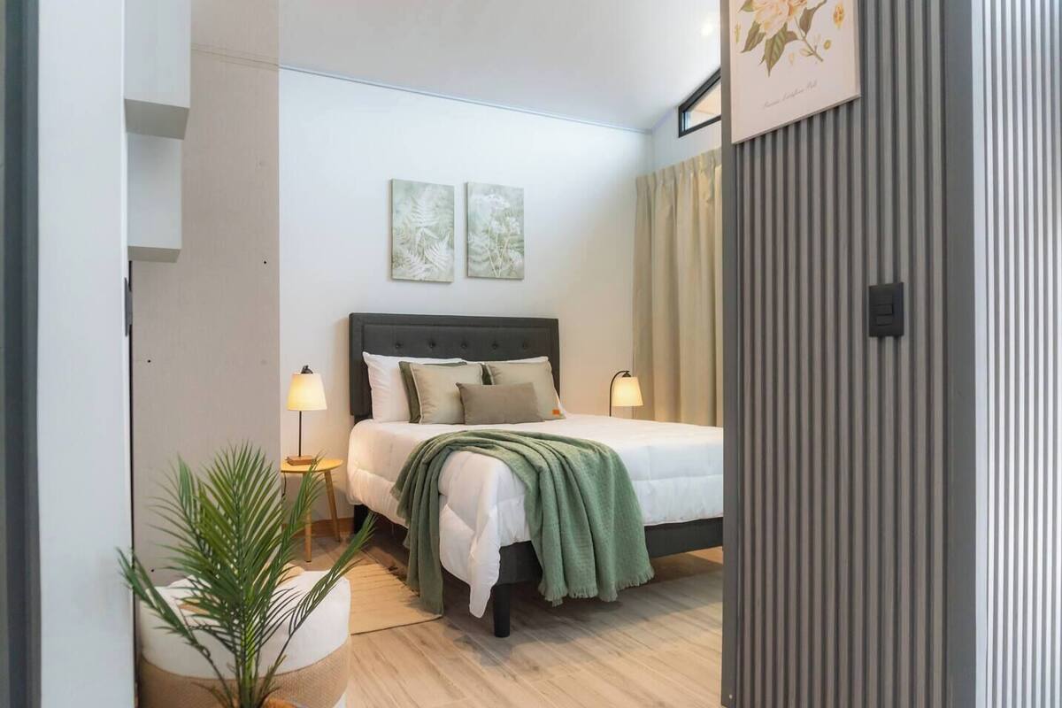 A neatly arranged bedroom with a bed, bedside lamps, and a potted plant.